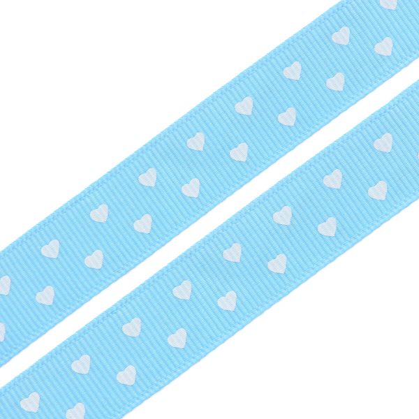 Лента репсовая (в рубчик) Сердечки мелкие, 15 мм, 3м, голубой