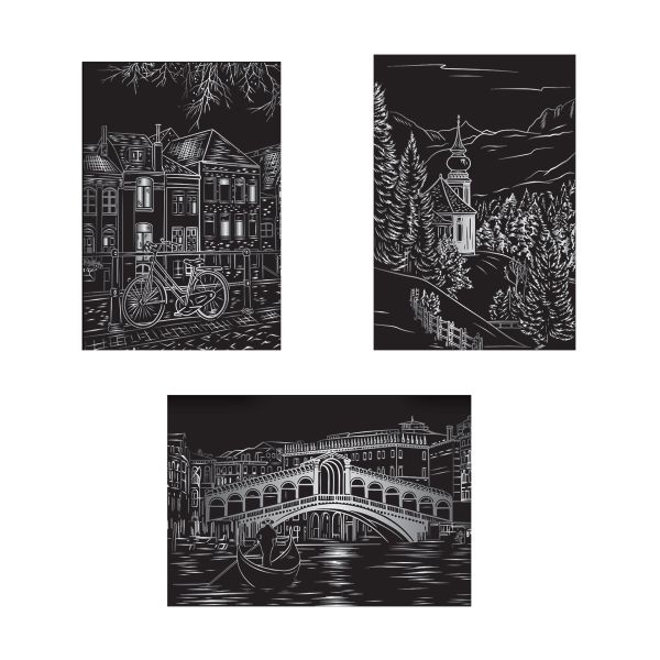 Набор для творчества Гравюра мини Городской пейзаж (серебро), 10х15 см, 1х3 шт, Hobbius GHPM-02