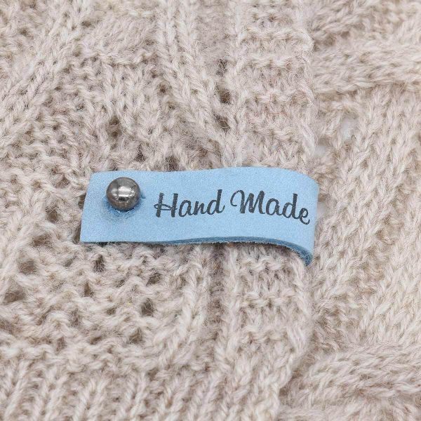 Бирка кожаная с кнопкой Hand Made 1,3х7см, уп.4 шт (голубой)