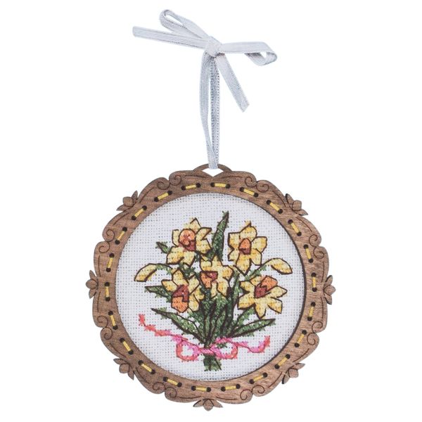 Набор для вышивания на деревянной основе Миниатюра. Букет нарциссов 8х8 см, О-139