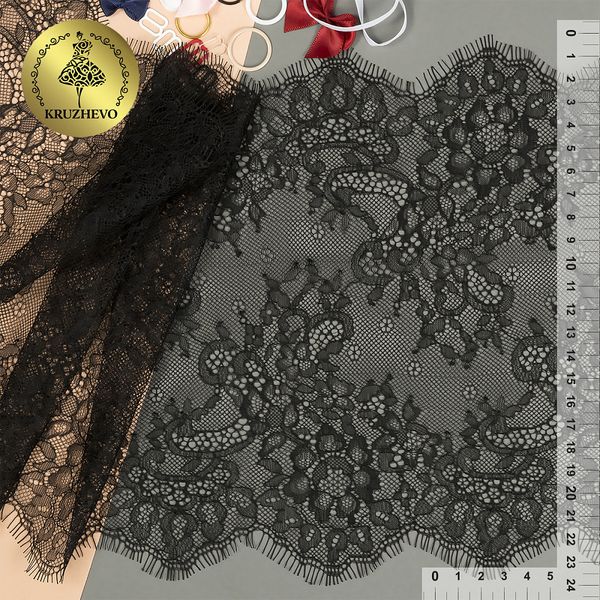 Кружево шантильи (реснички) 240 мм, цв.02 черный, уп. 3 м, Kruzhevo