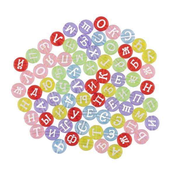 Бусины пластик 4х7 мм, 250 г (5х50 г), №03 цветные/прозрачные русский алфавит, Hobbius ABFA
