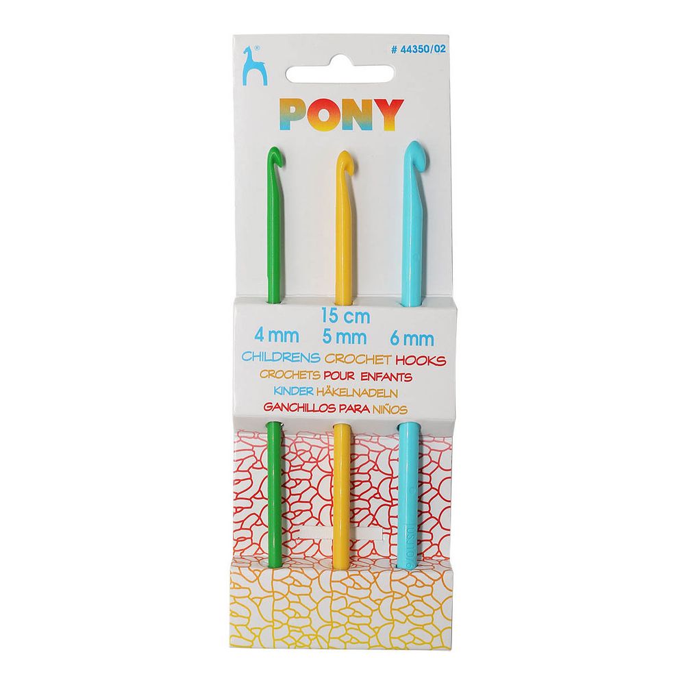 Крючки для вязания детские Pony ⌀4,0, 5,0, 6,0 мм, 15 см, пластик, цветные, 3 шт 44350
