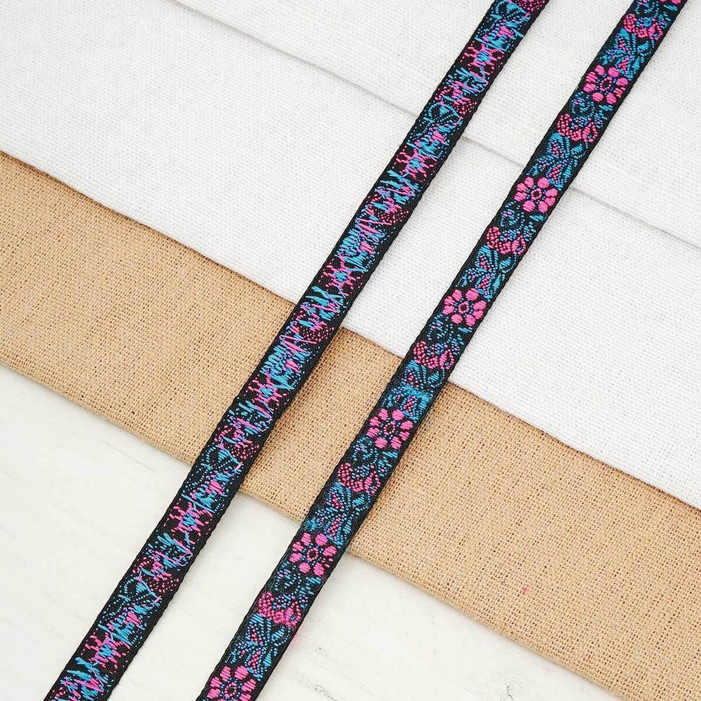 Лента (тесьма) жаккардовая 10.0 мм / 20.12 метра, черный/розовый, 1172