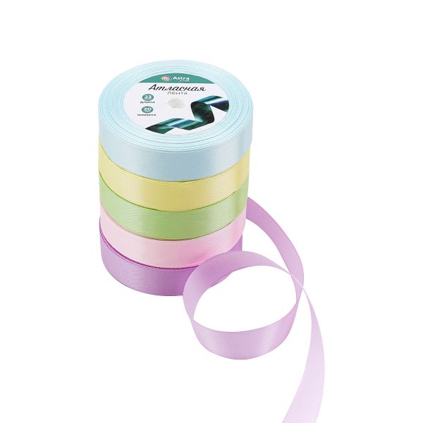 Набор атласных лент 5 цветов по 23.0 мм / 23 метра, пастельный микс