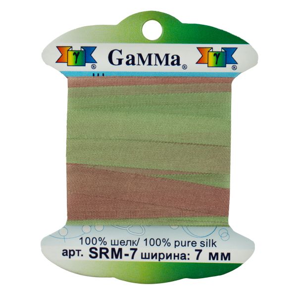 Лента (тесьма) шелковая 7.0 мм / 9.1±0.5 метров, M123 фисташковый/св.коричневый, Gamma SRM-7