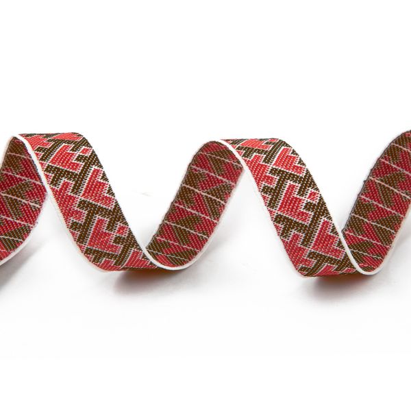 Лента (тесьма) жаккардовая 18.0 мм / 25 метров, рис.9699 белый-красный-коричневый, Gamma С3771Г17 рис.9699