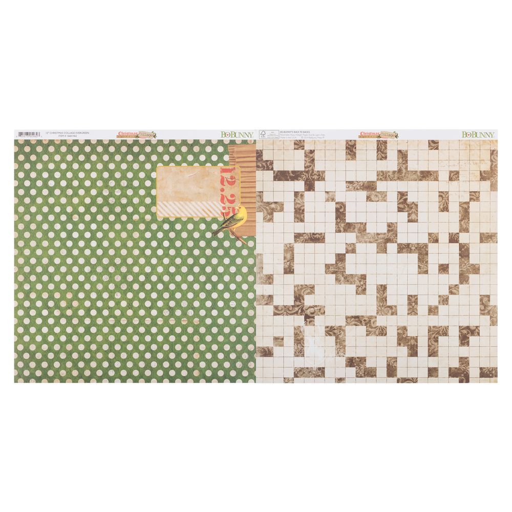 Бумага для скрапбукинга 180 г/м², 30.5х30.5 см, 25 шт, 16601462 Christmas Collage Evergreen, BoBunny