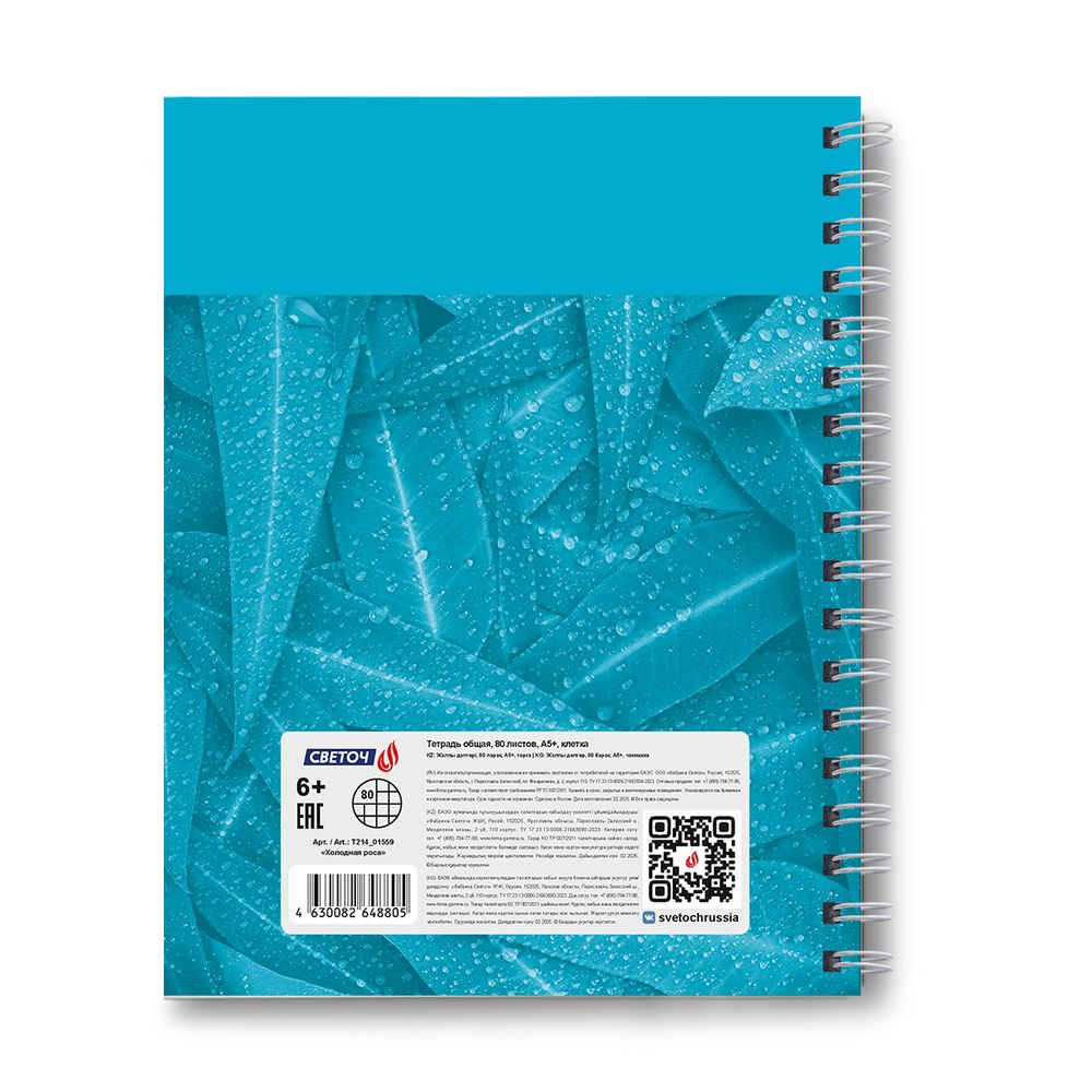 Тетрадь общая с твердой обложкой, матовая ламинация A5 80 л. на гребне 65 г/м², белизна 100% 4 шт клетка, 01559 Холодная роса, Светоч Т214