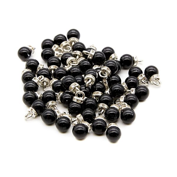 Пуговицы на ножке Жемчужина со стразами 8мм (черный/серебро), 50 шт