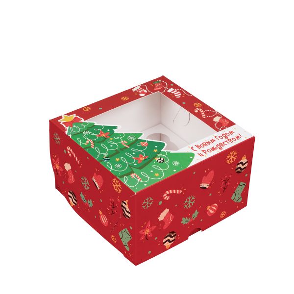 Коробка под 4 капкейка 16х16х10 см, Праздничная ель, S-Chief, CBC-026