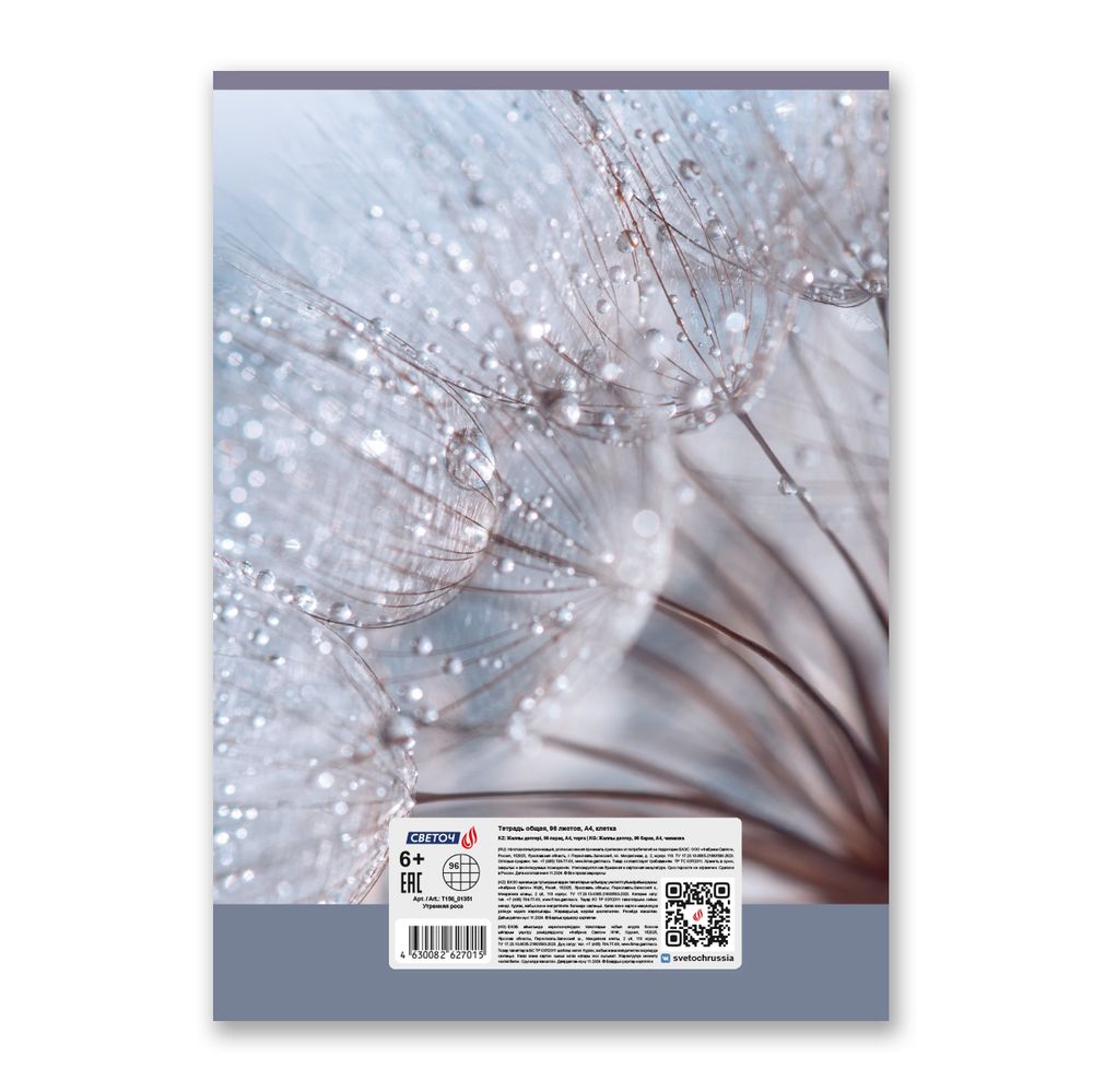 Тетрадь ученическая общая, A4 96 л. на скобе 65 г/м², белизна 100 %, 6 шт, клетка, 01351 Утренняя роса, Светоч Т156