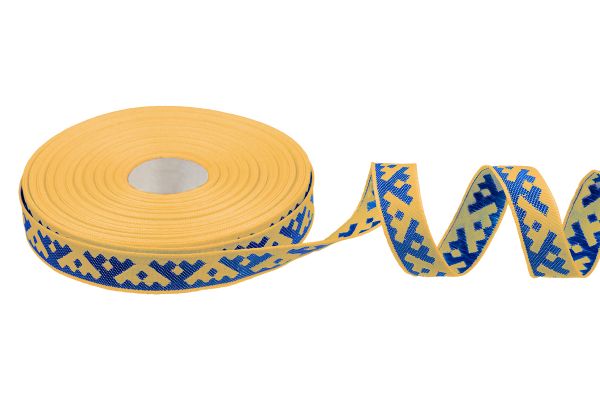 Лента (тесьма) жаккардовая 18.0 мм / 25±1 метров, Орнамент для северных народов, рис 6753 желто-синий (№5), Gamma С3771