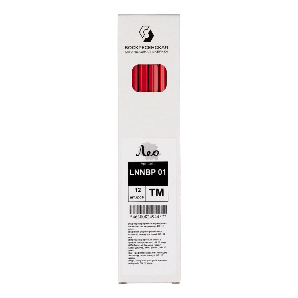 Карандаш чернографитный с ластиком заточенный ТМ (HB) 12 шт, 01 красный корпус, Лео LNNBP