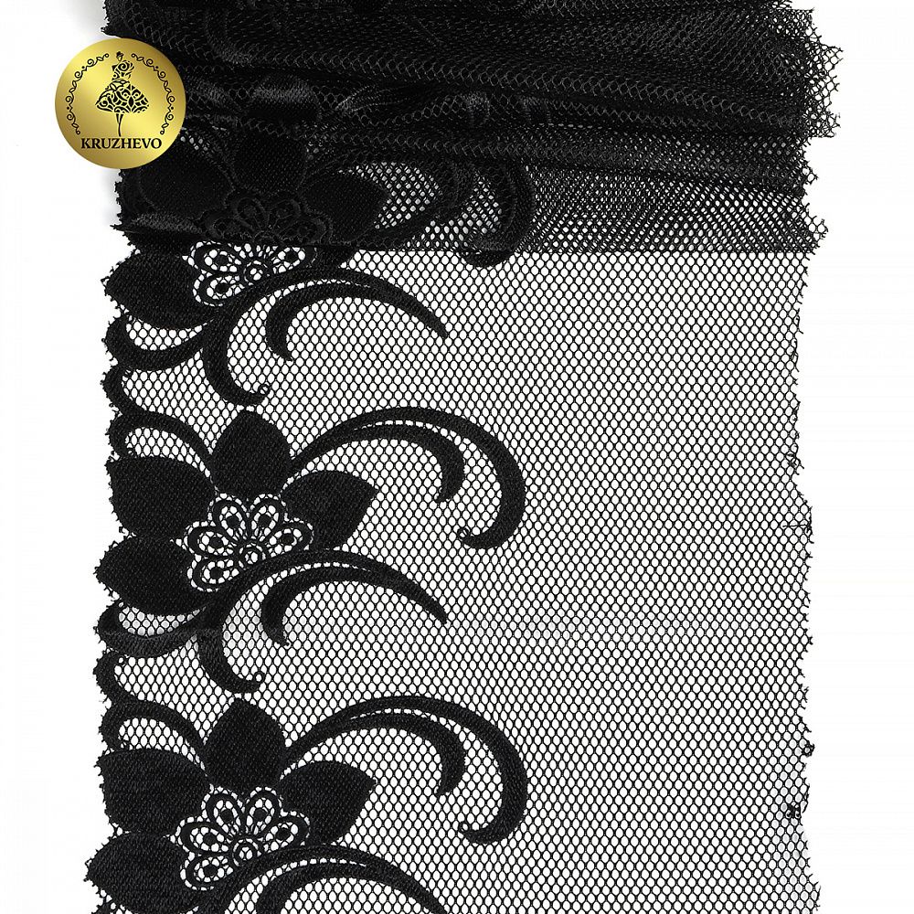 Кружево на сетке (вышитое) арт.T101 245мм цв.черный уп.6м, Kruzhevo