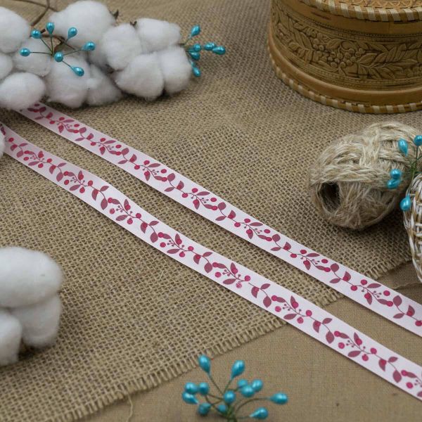 Лента атласная с рисунком 15.0 мм / 3 метра, Ягодная ветвь (розовый), Globus