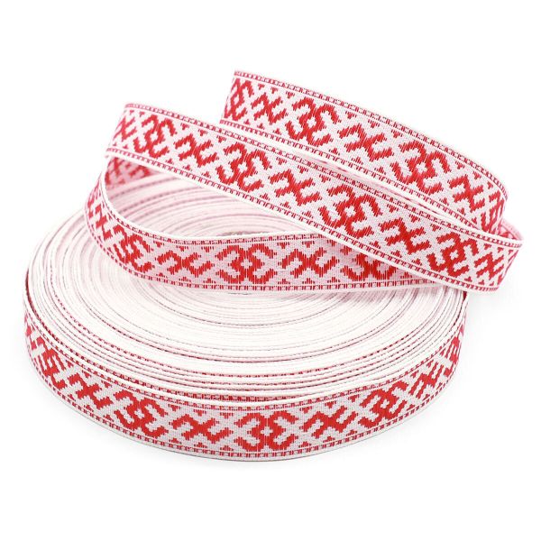 Лента (тесьма) жаккардовая 18.0 мм / 25±1 метров, Славянский орнамент Оберег, рис. 9711 (01 белый/красный) С3771Г17