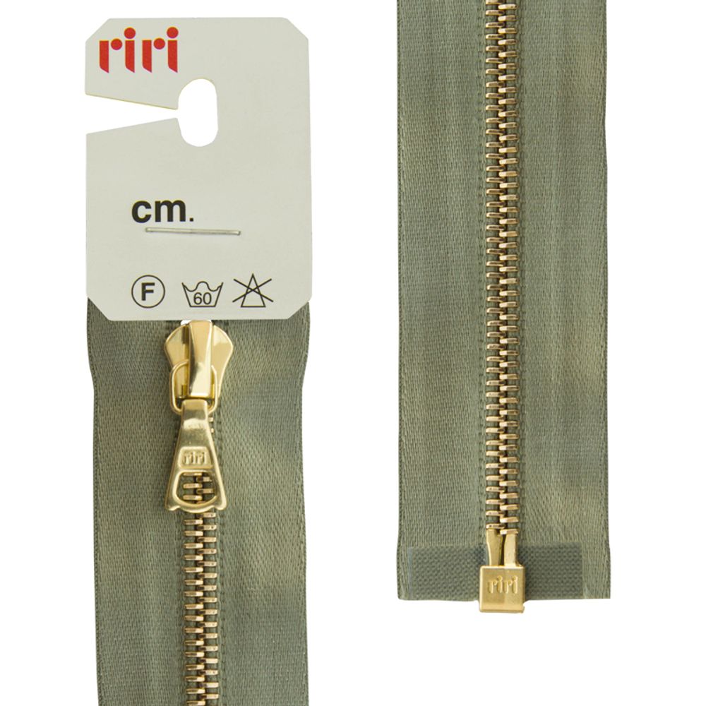 Молния металл RIRI Т4 (4 мм) Gold, 1 зам., разъем., атлас. тесьма, 60 см, цв. тесьмы 5884, серо-зеленый, упак. 5 шт /TOS/
