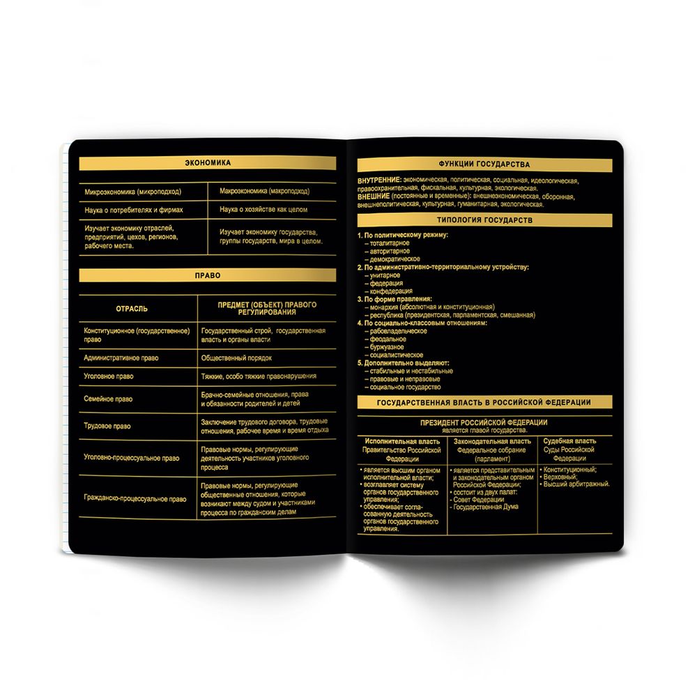 Тетрадь со справочным материалом Золотая коллекция, тиснение золотой фольгой, A5+ 48 л. на скобе 65 г/м², белизна 100 %, 10 шт, клетка, 01333 Золотая коллекция Обществознание, Светоч Т145