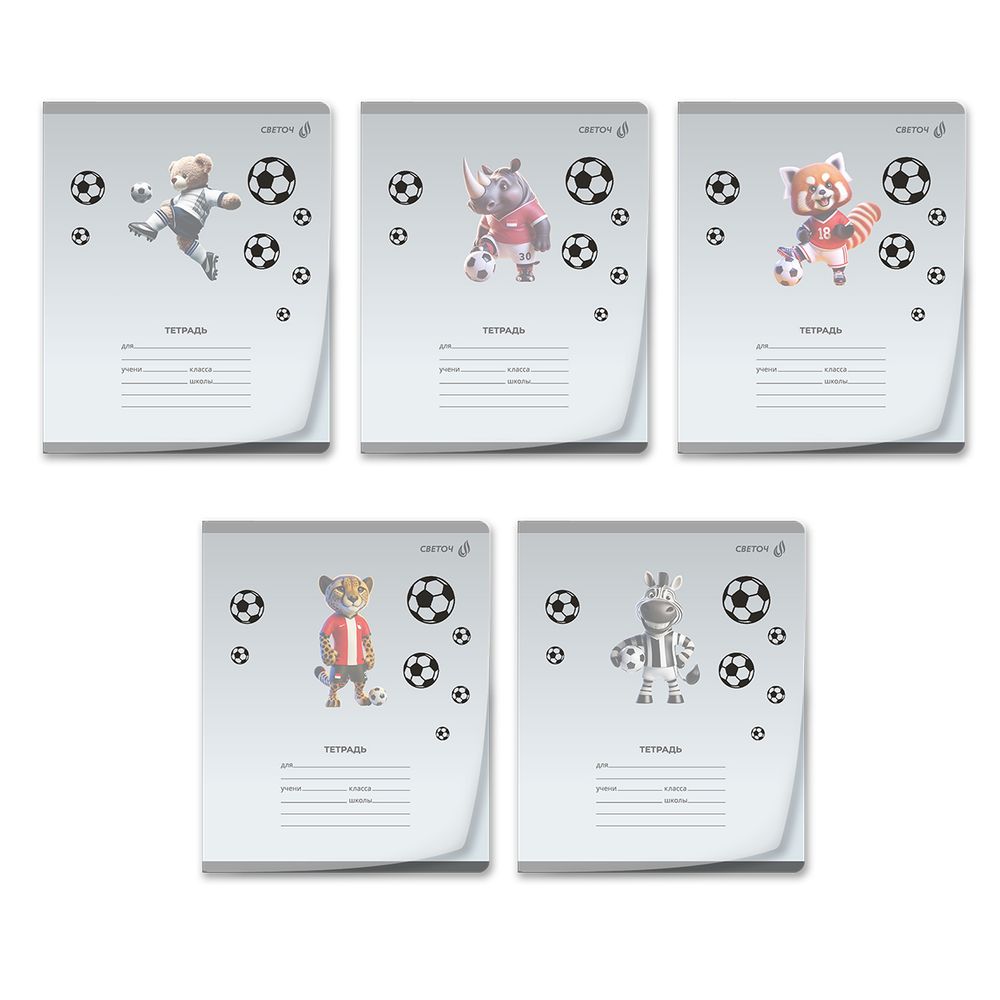 Тетрадь ученическая школьная пластик. обложкой 180 мкм. с трафарет. печатью, цвет.запечат.титул лист A5 12 л. на скобе 65 г/м², белизна 100% 25 шт клетка, 01391 Футбол, Светоч Т68