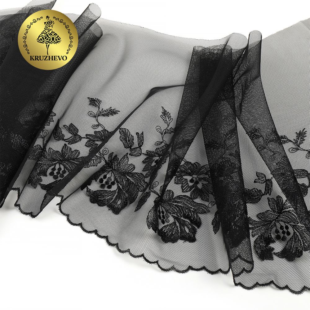 Кружево на сетке Kruzhevo широкое 225 мм, OG44, цв.черный, левая уп.6м /TOS/