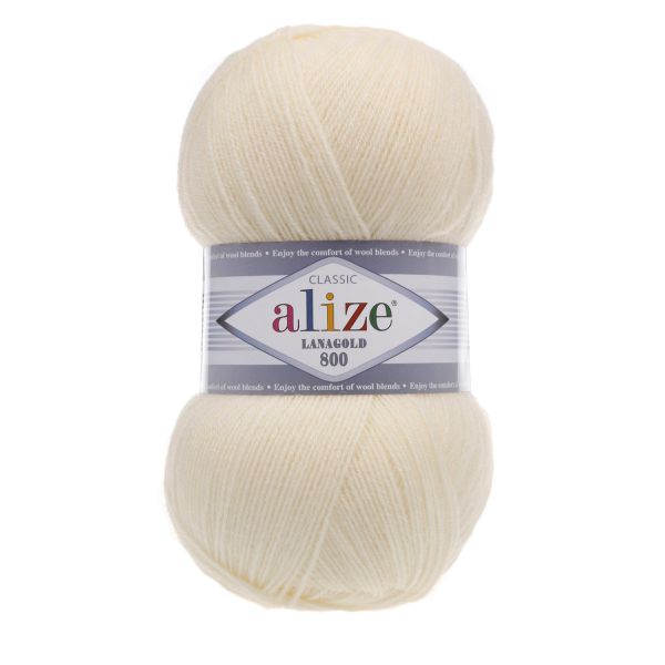 Пряжа Alize (Ализе) Lana Gold 800 / уп.5 мот. по 100 г, 800м, 001 кремовый A