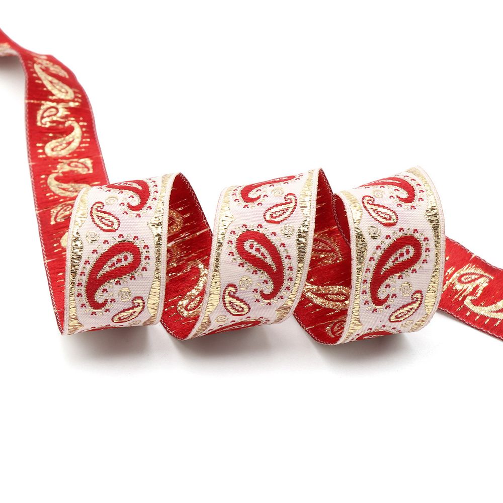 Лента (тесьма) жаккардовая 22.0 мм / 10±0.5 метров, Пейсли, 22807 белый/красный/золото